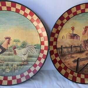 County Farmhouse Chicken Rooster Coop Decor Plates, White & Red Checkered 10"